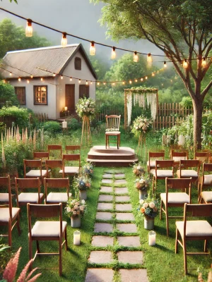 DALL·E 2024-07-09 17.03.34 - A realistic garden setting for a wedding in a rural area. The scene should include wooden chairs arranged in rows, a small decorated altar with flower