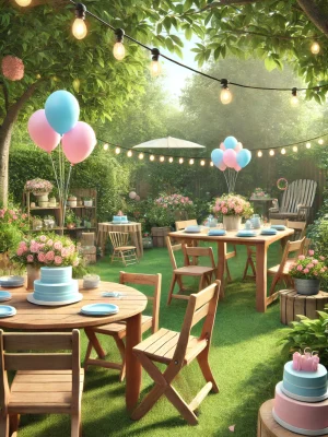 DALL·E 2024-07-09 17.06.20 - A realistic garden setting for a baby shower in a rural area, with colors indicating it's for a boy or a girl. The scene should include wooden chairs