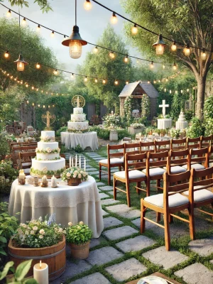 DALL·E 2024-07-09 17.08.55 - A realistic garden setting for a First Communion in a rural area, with a traditional First Communion cake visible. The scene should include wooden cha